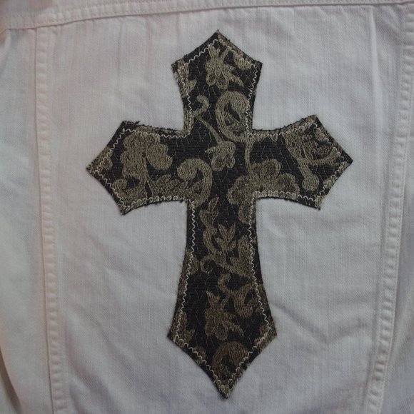 One-of-a-Kind paperdenim&cloth White Moto Jean Jacket w/ Custom Vintage Cross - Picture 3 of 7
